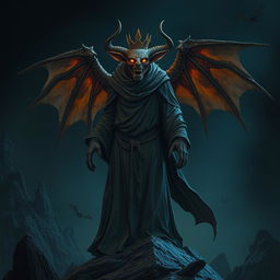 A tall, terrifying creature clad in a long flowing robe with large wings, standing on a rocky outcrop at night