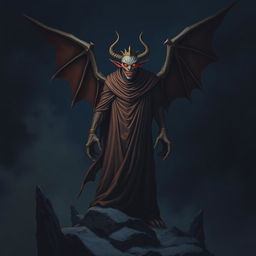 A tall, terrifying creature clad in a long flowing robe with large wings, standing on a rocky outcrop at night