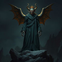 A tall, terrifying creature clad in a long flowing robe with large wings, standing on a rocky outcrop at night