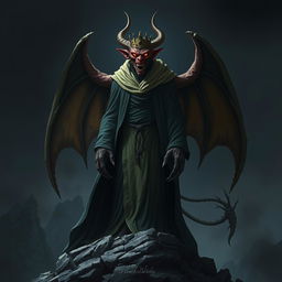 A tall, terrifying creature clad in a long flowing robe with large wings, standing on a rocky outcrop at night