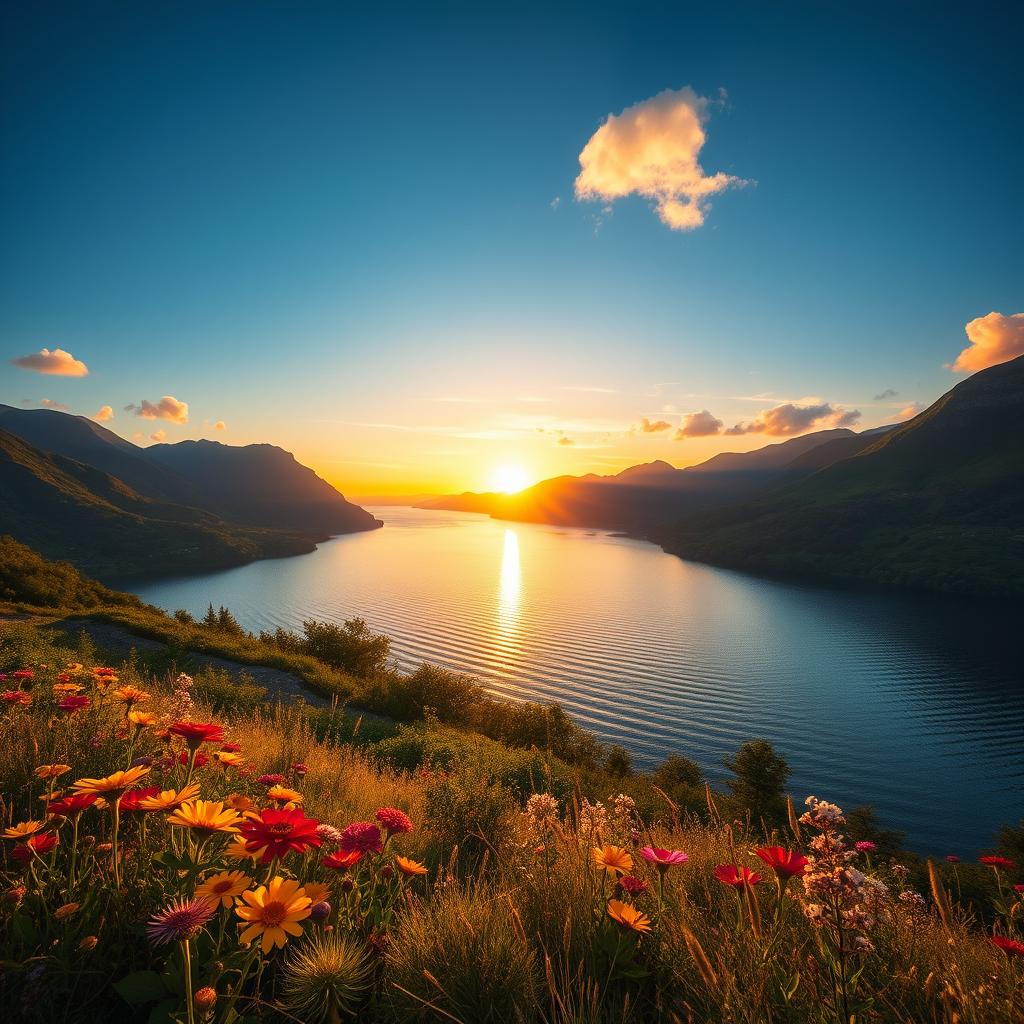 A breathtaking landscape showcasing the beauty of nature, featuring a serene lake surrounded by lush green mountains under a clear blue sky