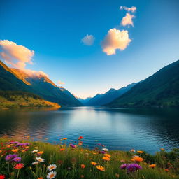 A breathtaking landscape showcasing the beauty of nature, featuring a serene lake surrounded by lush green mountains under a clear blue sky