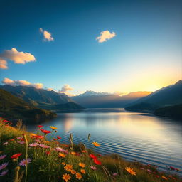 A breathtaking landscape showcasing the beauty of nature, featuring a serene lake surrounded by lush green mountains under a clear blue sky