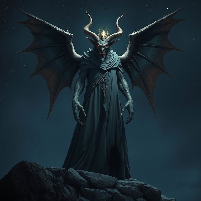 A tall, terrifying creature clad in a long flowing garment with majestic wings, standing ominously on a rocky ledge at night