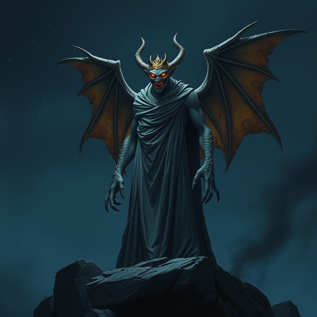 A tall, terrifying creature clad in a long flowing garment with majestic wings, standing ominously on a rocky ledge at night