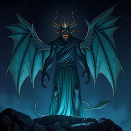 A tall, terrifying creature clad in a long flowing garment with majestic wings, standing ominously on a rocky ledge at night