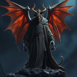 A tall, terrifying creature clad in a long flowing garment with majestic wings, standing ominously on a rocky ledge at night