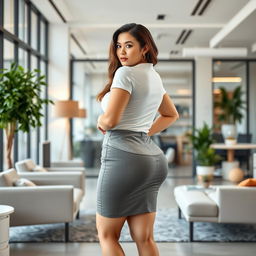 A curvy woman with a tight backside wearing a gray pencil skirt and a fitted white shirt, confidently posing in a modern office