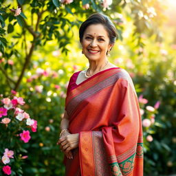 An elegant middle-aged woman wearing a beautifully draped saree, showcasing intricate patterns and vibrant colors