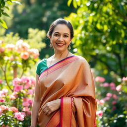 An elegant middle-aged woman wearing a beautifully draped saree, showcasing intricate patterns and vibrant colors