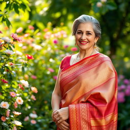 An elegant middle-aged woman wearing a beautifully draped saree, showcasing intricate patterns and vibrant colors