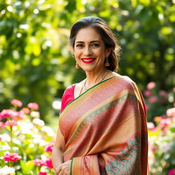 An elegant middle-aged woman wearing a beautifully draped saree, showcasing intricate patterns and vibrant colors