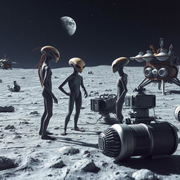 Strange and bizarre extraterrestrial beings standing on the surface of the Moon, engaged in a conversation next to their advanced equipment