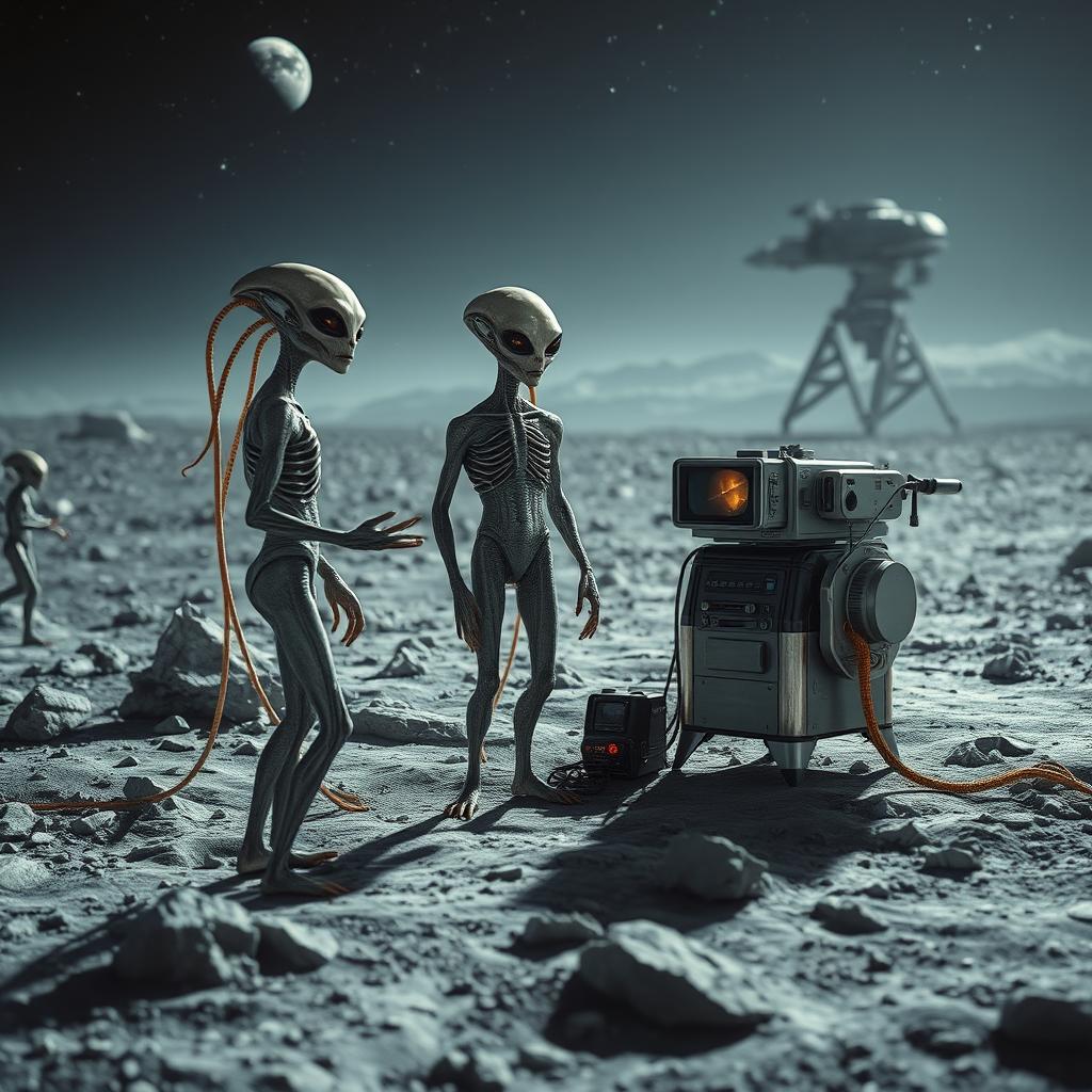Strange and bizarre extraterrestrial beings standing on the surface of the Moon, engaged in a conversation next to their advanced equipment