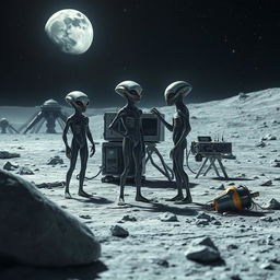 Strange and bizarre extraterrestrial beings standing on the surface of the Moon, engaged in a conversation next to their advanced equipment