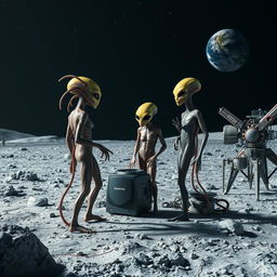 Strange and bizarre extraterrestrial beings standing on the surface of the Moon, engaged in a conversation next to their advanced equipment