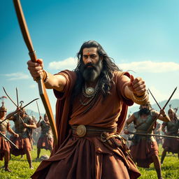 A dynamic and inspirational scene featuring Dronacharya, the legendary Indian martial teacher from the Mahabharata