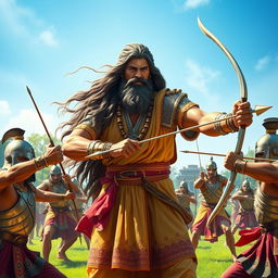 A dynamic and inspirational scene featuring Dronacharya, the legendary Indian martial teacher from the Mahabharata