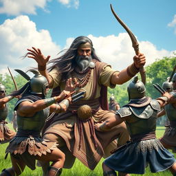 A dynamic and inspirational scene featuring Dronacharya, the legendary Indian martial teacher from the Mahabharata