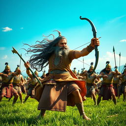 A dynamic and inspirational scene featuring Dronacharya, the legendary Indian martial teacher from the Mahabharata
