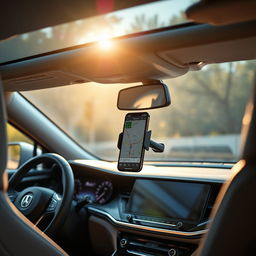 An interior view of a car showcasing a phone holder mounted on the dashboard