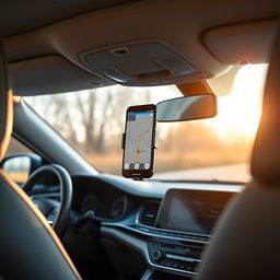 An interior view of a car showcasing a phone holder mounted on the dashboard