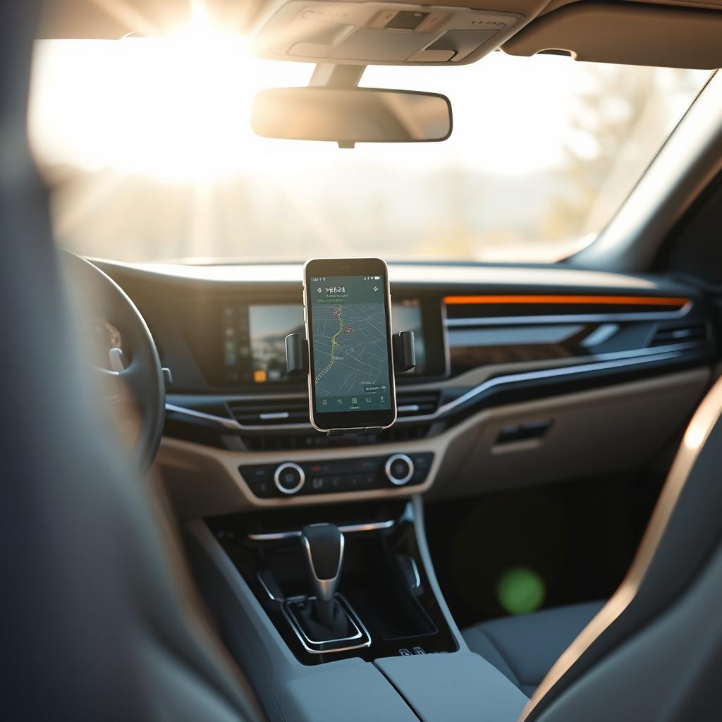 An interior view of a car showcasing a phone holder mounted on the dashboard