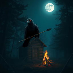 A spooky, dark forest scene featuring a small, eerie cabin