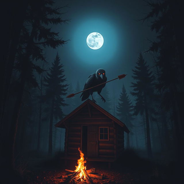 A spooky, dark forest scene featuring a small, eerie cabin