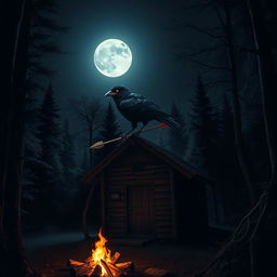 A spooky, dark forest scene featuring a small, eerie cabin