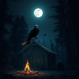 A spooky, dark forest scene featuring a small, eerie cabin