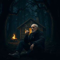 An elderly man sitting alone in front of his cabin, which is nestled in a dark and eerie forest