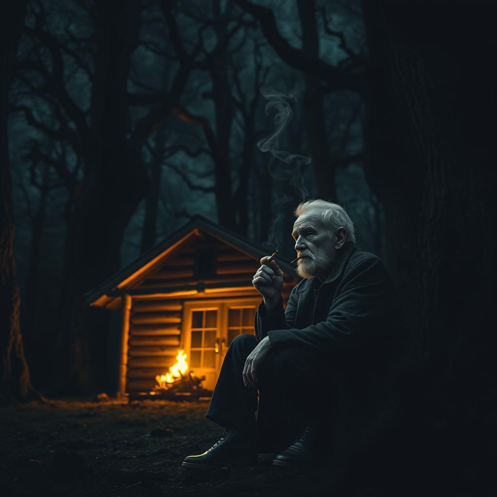 An elderly man sitting alone in front of his cabin, which is nestled in a dark and eerie forest