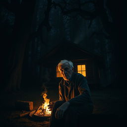 An elderly man sitting alone in front of his cabin, which is nestled in a dark and eerie forest