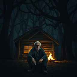 An elderly man sitting alone in front of his cabin, which is nestled in a dark and eerie forest