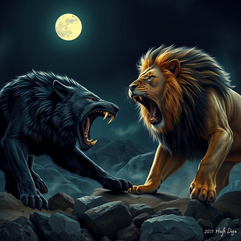 A large, fierce black wolf with sharp teeth in an intense battle with a powerful lion, both majestic creatures showcasing their primal strength