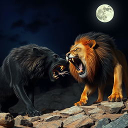 A large, fierce black wolf with sharp teeth in an intense battle with a powerful lion, both majestic creatures showcasing their primal strength