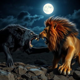 A large, fierce black wolf with sharp teeth in an intense battle with a powerful lion, both majestic creatures showcasing their primal strength
