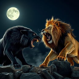 A large, fierce black wolf with sharp teeth in an intense battle with a powerful lion, both majestic creatures showcasing their primal strength