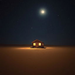 A lonely cabin standing in a vast, desolate desert under a starry night sky