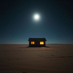 A lonely cabin standing in a vast, desolate desert under a starry night sky