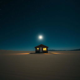 A lonely cabin standing in a vast, desolate desert under a starry night sky