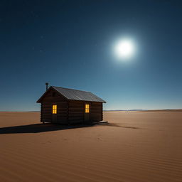 A lonely cabin standing in a vast, desolate desert under a starry night sky