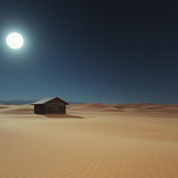 A solitary cabin in a vast, desolate desert at night