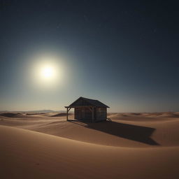 A solitary cabin in a vast, desolate desert at night