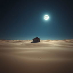 A solitary cabin in a vast, desolate desert at night