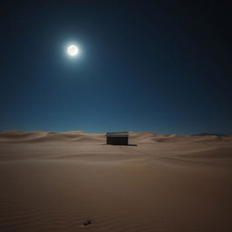 A solitary cabin in a vast, desolate desert at night