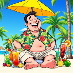 A humorous illustration of a jovial, plump man with a big smile, wearing a colorful Hawaiian shirt and cargo shorts