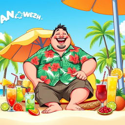 A humorous illustration of a jovial, plump man with a big smile, wearing a colorful Hawaiian shirt and cargo shorts