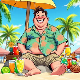 A humorous illustration of a jovial, plump man with a big smile, wearing a colorful Hawaiian shirt and cargo shorts